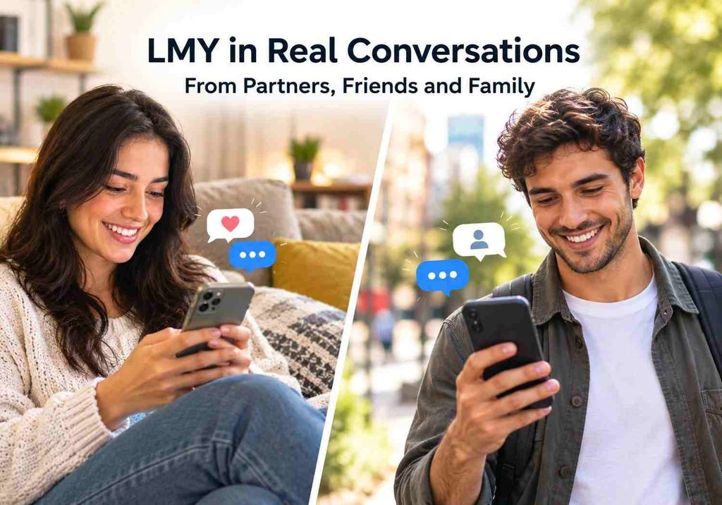 Two people texting showing how lmy meaning in text is used socially