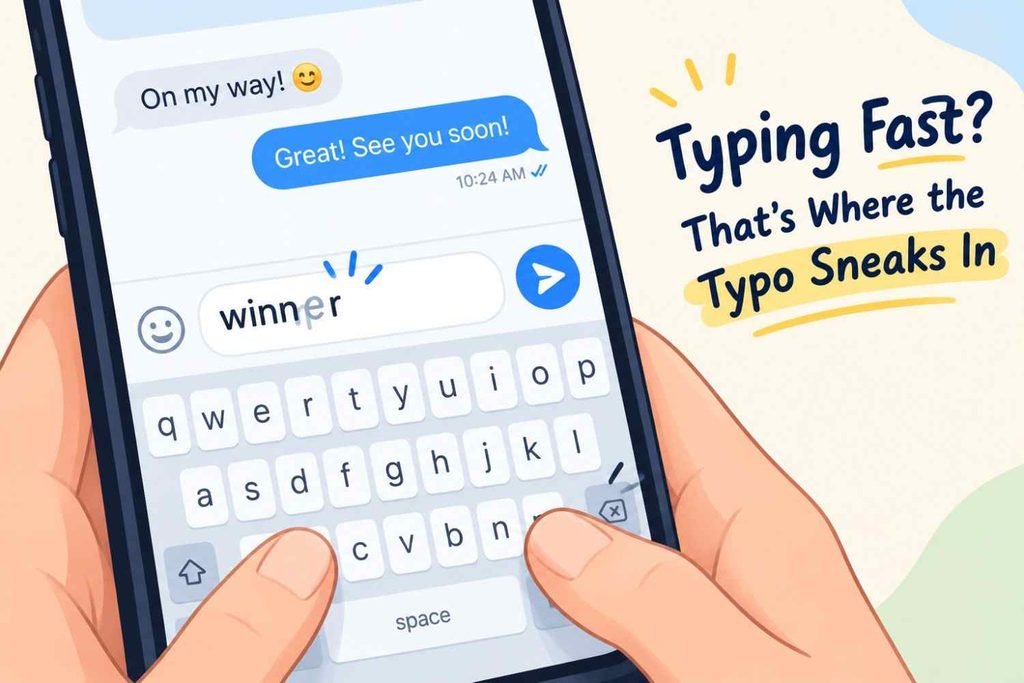 Person texting quickly showing why the winner or winer typo happens