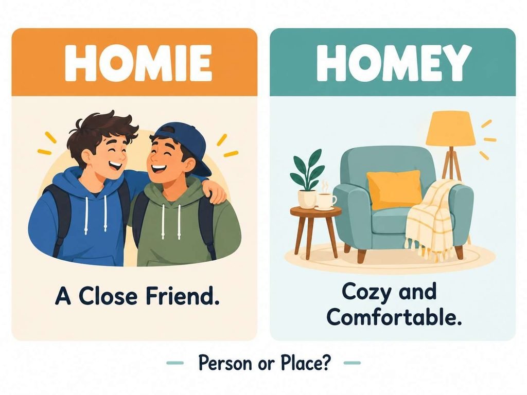 Homey or homie comparison chart showing homie means a close friend and "homey" means cozy