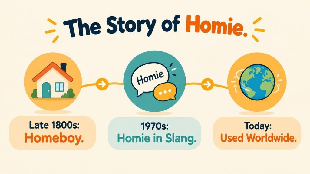Homey or homie origin timeline showing homie growing from homeboy to worldwide slang