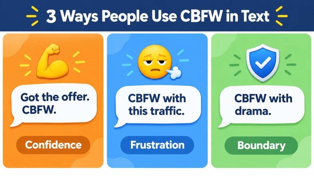 CBFW meaning in text shown in three chat examples for confidence, frustration, and setting a boundary