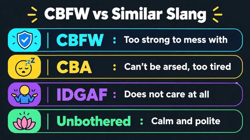 CBFW meaning in text compared with CBA, IDGAF, and unbothered slang in a simple chart