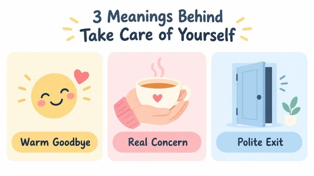 Infographic showing three meanings behind a reply of take care of yourself: warm goodbye, real concern, and polite exit.