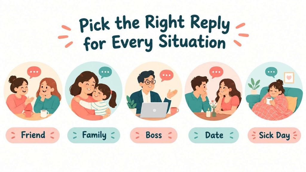 Illustration of five situations for a reply of take care of yourself: friend, family, boss, date, and sick day.