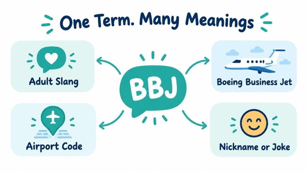 Infographic showing the different bbj meaning in text: adult slang, Boeing Business Jet, airport code and nickname