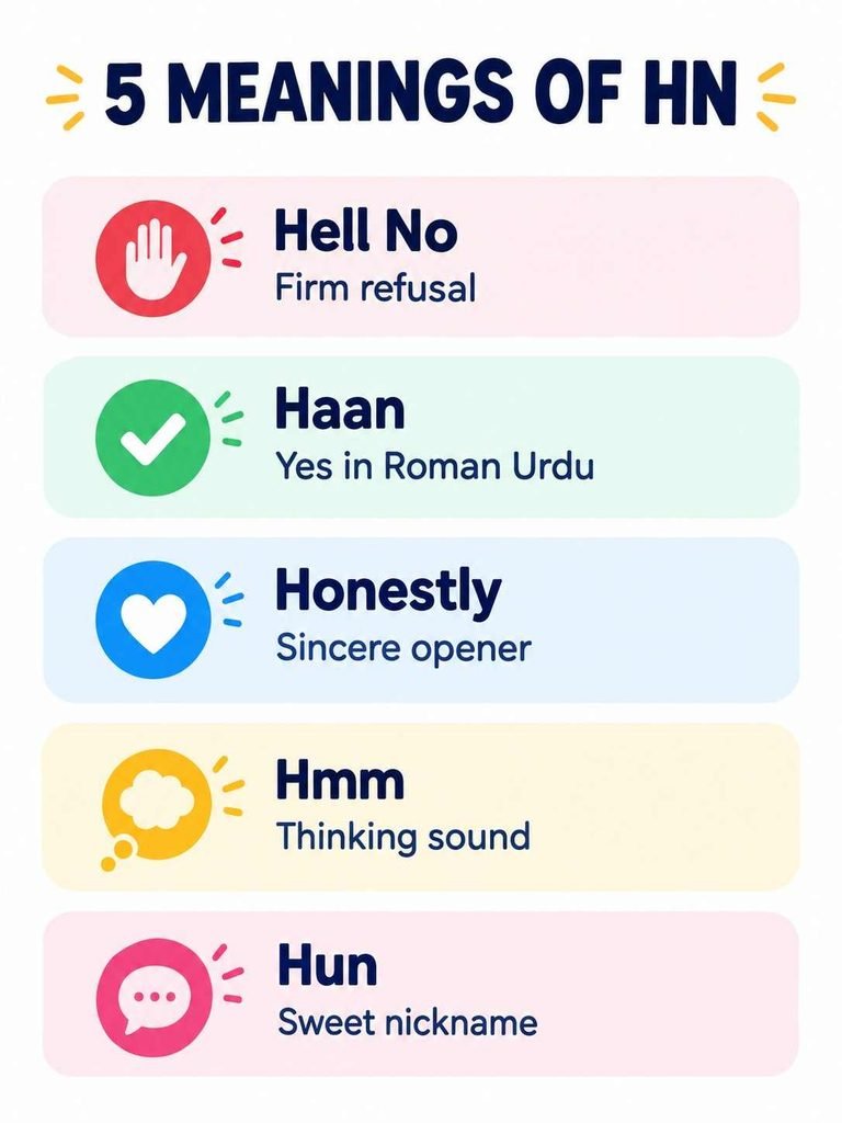 nfographic of the five common HN meaning in text options including hell no, haan, honestly, hmm and hun
