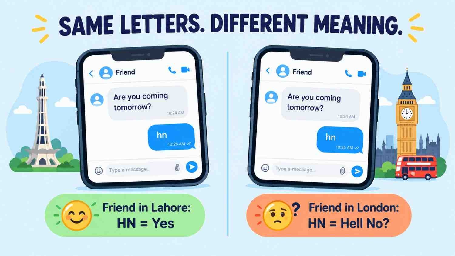 HN meaning in text comparison showing haan as yes in Lahore and hell no in London