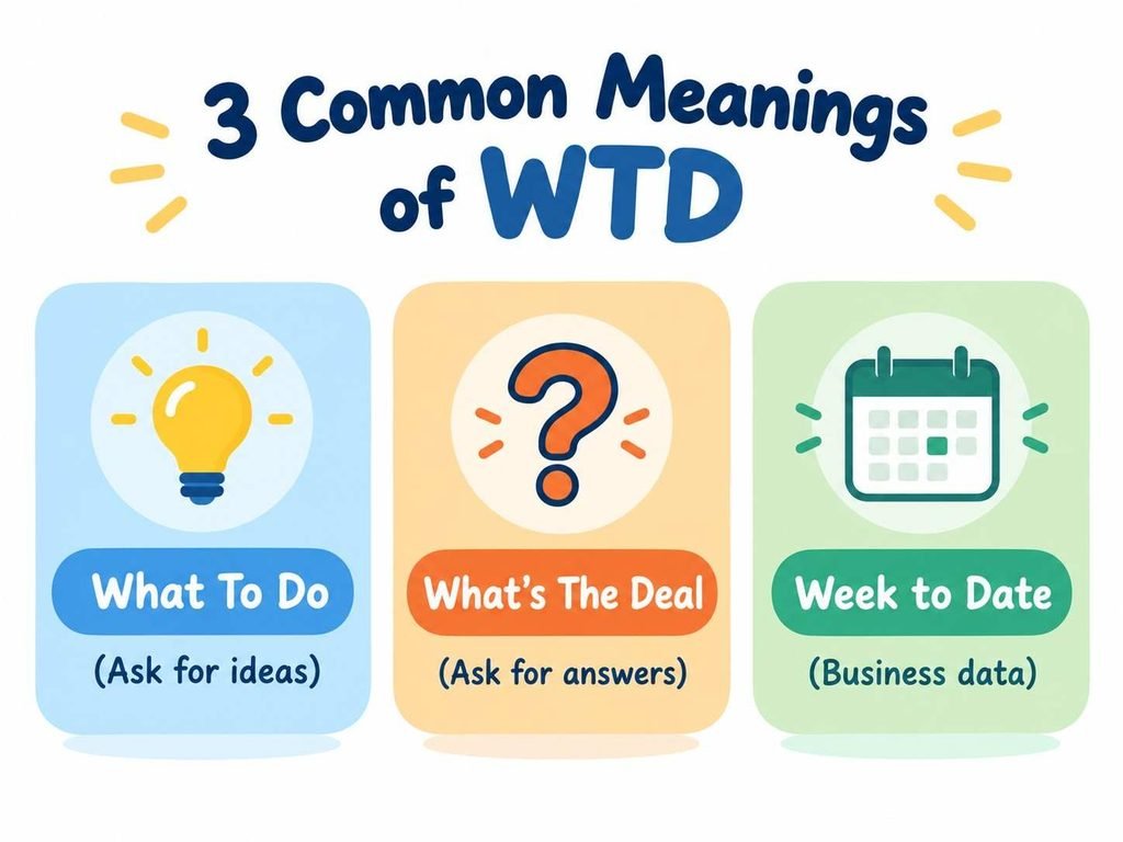 Infographic explaining the WTD meaning in text with three meanings: What To Do, What's The Deal, and Week to Date