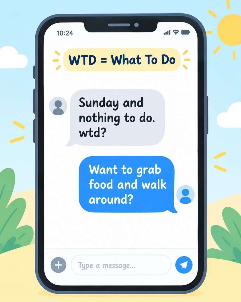 Example text chat showing wtd meaning in text as What To Do with a friendly reply suggesting food and a walk