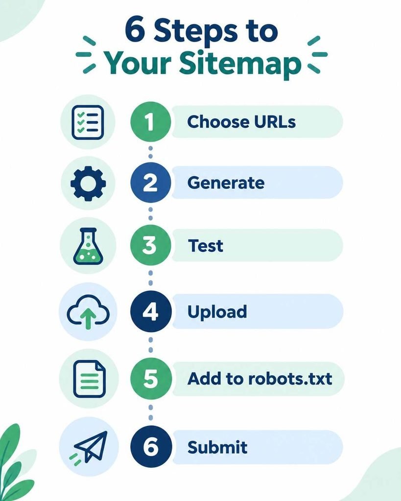 Six step infographic for the sitemap generator uploadarticle workflow from choosing URLs to submitting the file