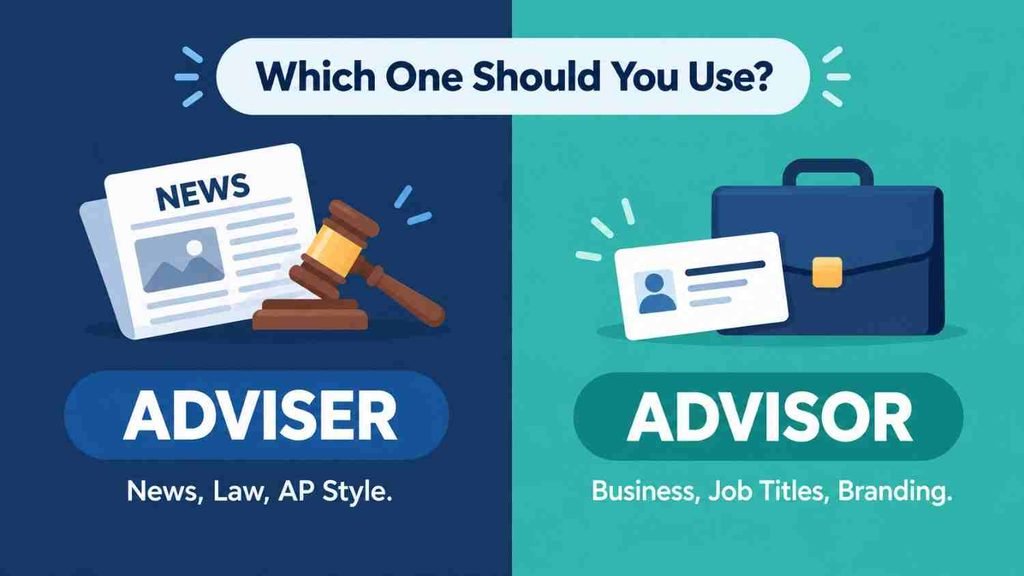 Infographic on advisers vs advisors: what’s the difference, showing adviser for news, law and AP style and advisor for business titles and branding.