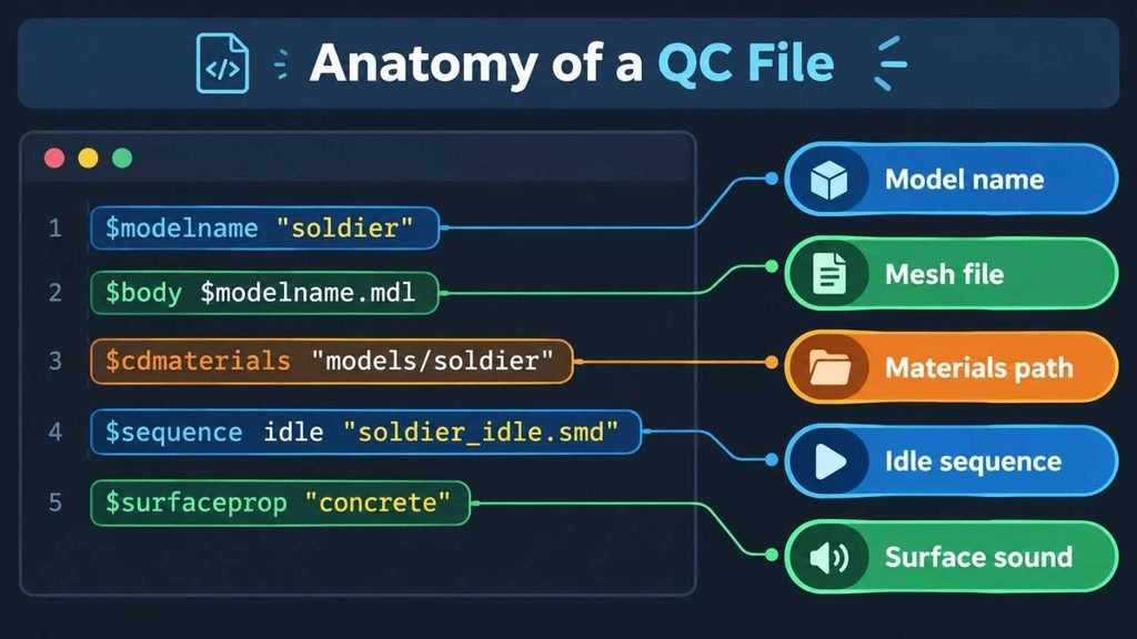 Annotated QC file example for an SFM compile showing model name, mesh, materials path and idle sequence lines