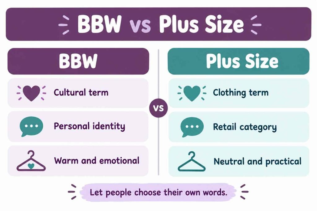 BBW meaning compared with plus size in a simple two-column infographic