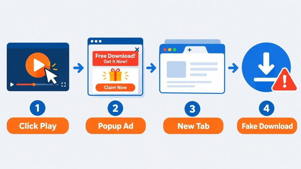 MoviesHD review infographic showing the click play, popup ad, new tab and fake download cycle