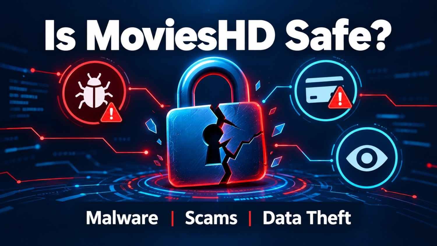 MoviesHD review safety graphic showing a cracked padlock with malware, scam and data theft warnings