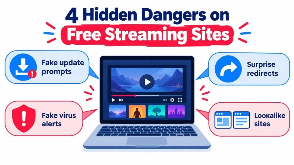 Flixer TV review infographic showing four hidden dangers such as fake updates and redirects