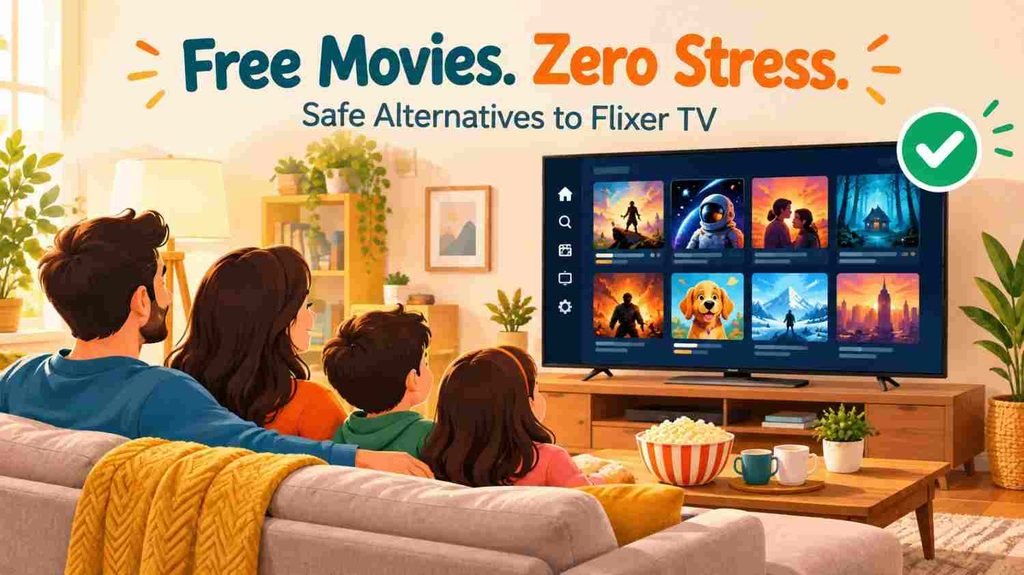 Flixer TV review alternatives image of a family watching free legal movies on a smart TV