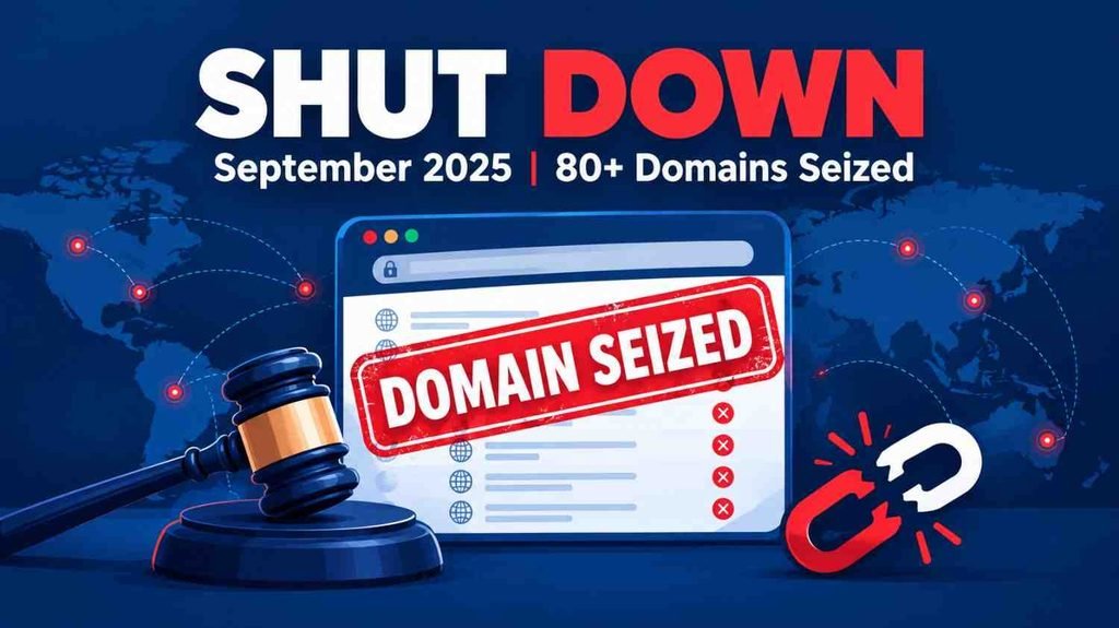 Stream east review graphic showing a seized website banner and the September 2025 shutdown with 80 domains seized