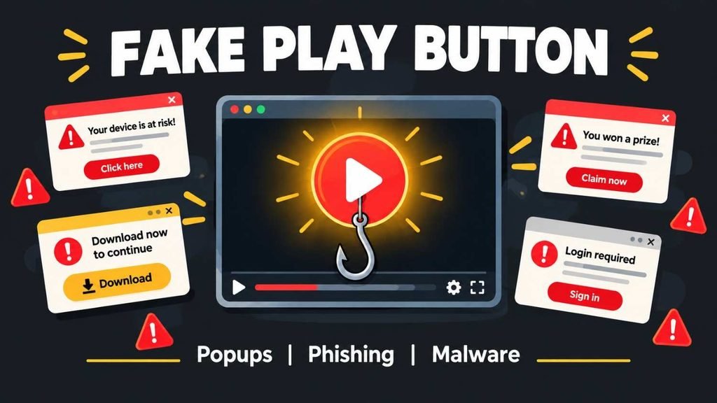 Stream east review illustration of a fake play button with popups phishing and malware risks on clone sites
