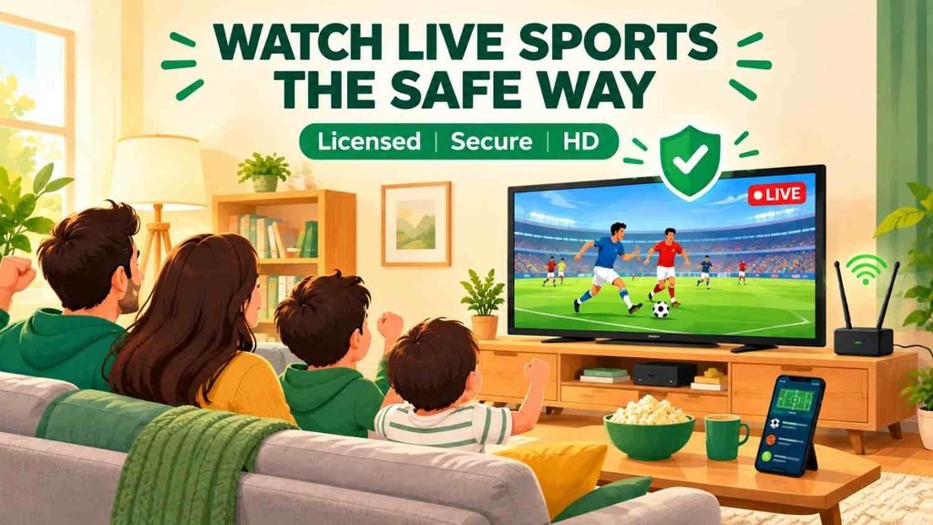 Stream east review alternative showing a family watching live sports on a licensed and secure streaming service