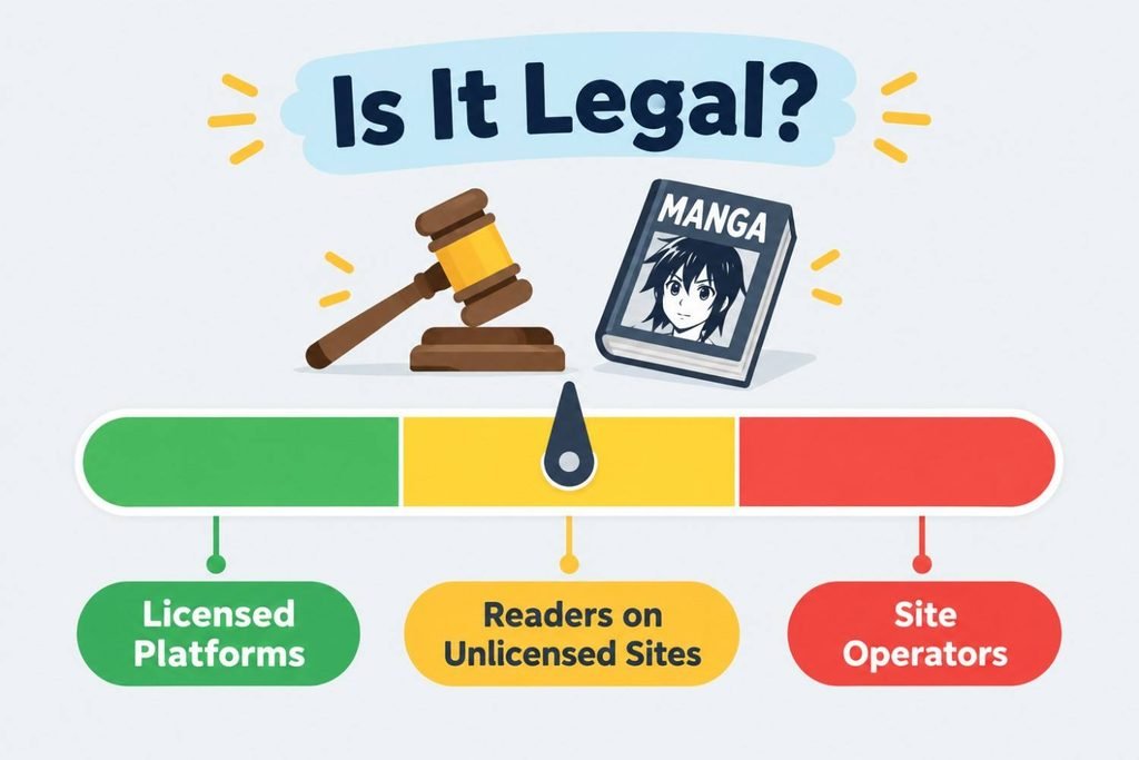 ES Mi2Manga review legal risk meter comparing licensed platforms, readers and site operators