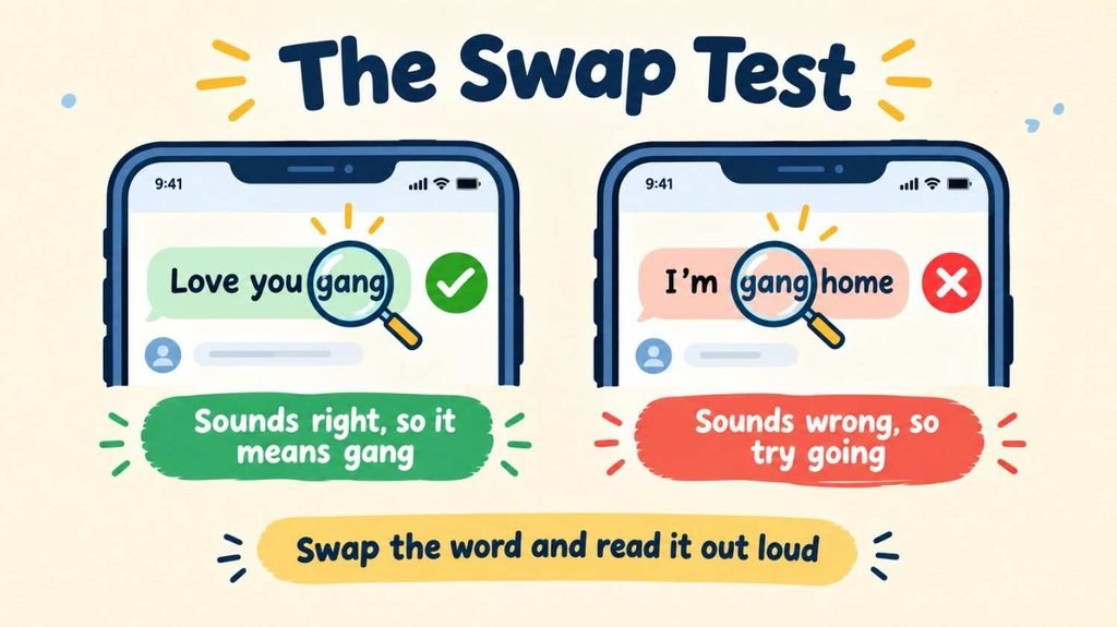Swap test showing the gng meaning in text by replacing gng with gang or going