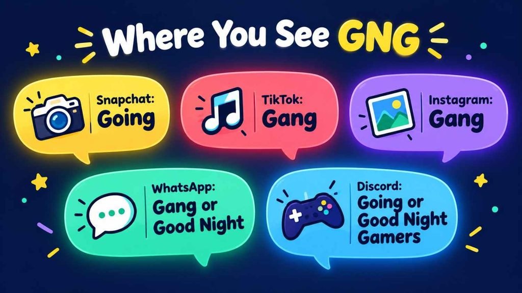 Chart showing gng meaning in text on Snapchat, TikTok, Instagram, WhatsApp and Discord