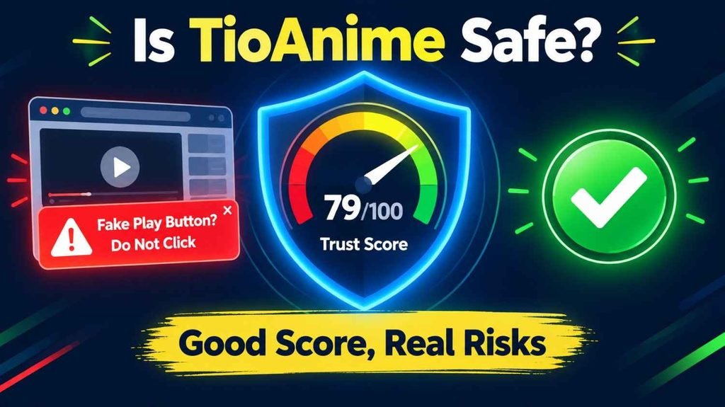 TioAnime review safety graphic showing a 79 out of 100 trust score shield and a fake popup warning