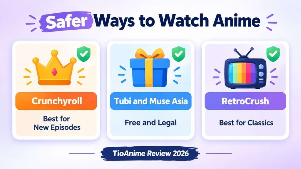 : TioAnime review comparison graphic of safer legal anime options for new episodes, free viewing and classic series