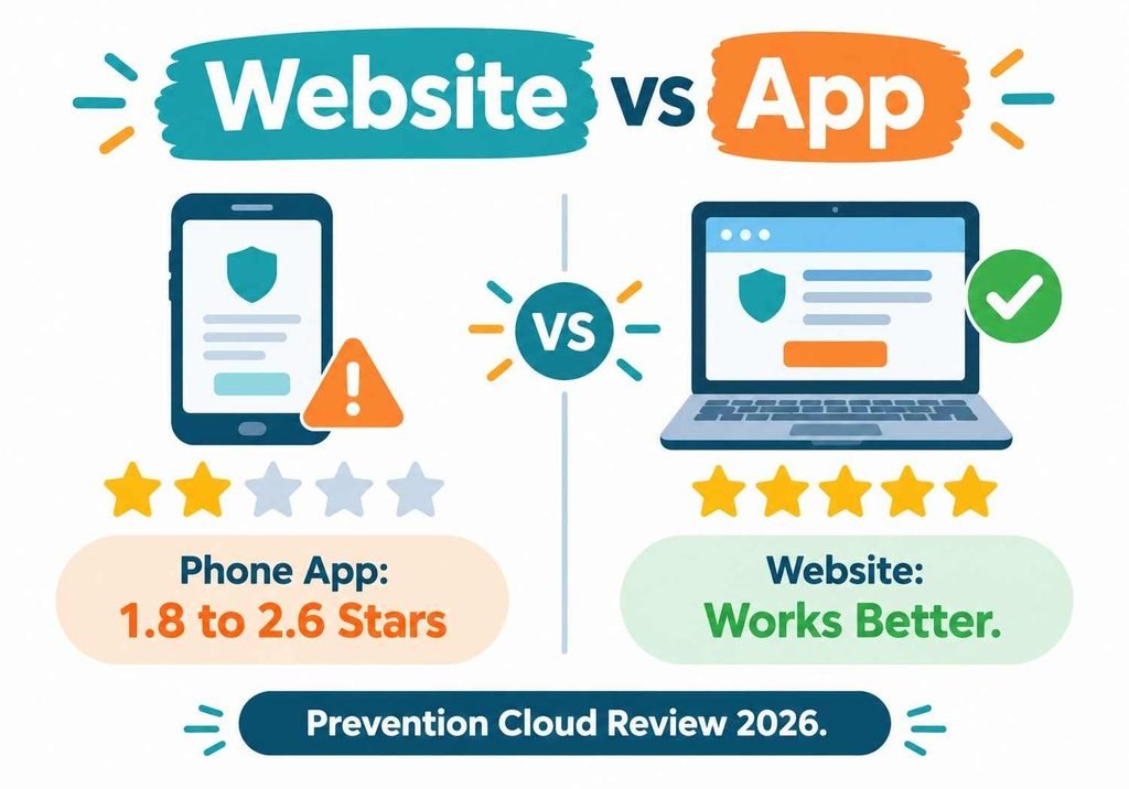 Prevention Cloud review graphic comparing low mobile app store ratings with the better-performing website