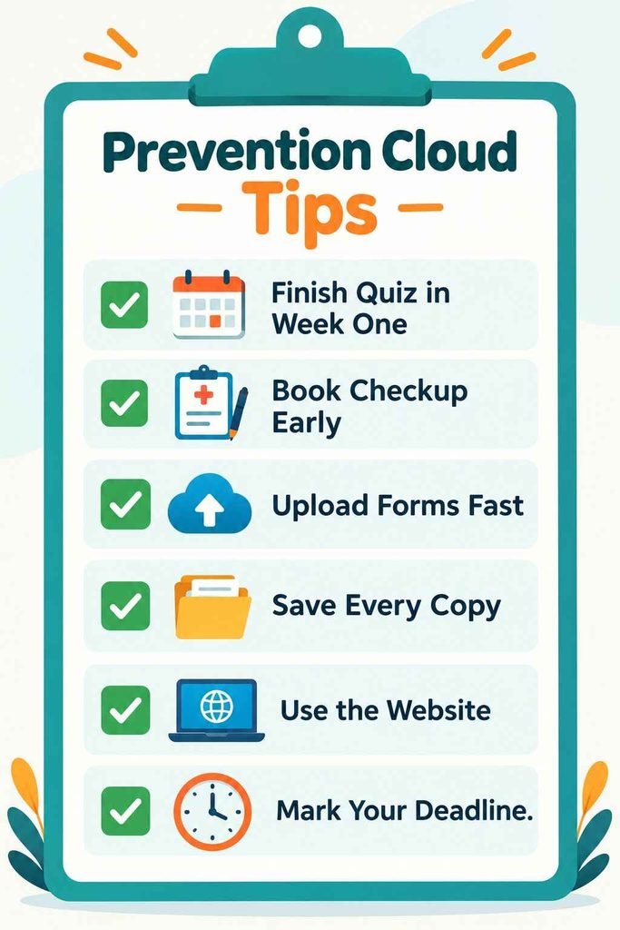 Prevention Cloud review checklist of tips: finish the quiz early, upload forms fast, save copies and use the website