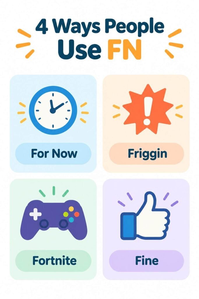 Infographic showing four common fn meaning in text options including for now, friggin, Fortnite and fine