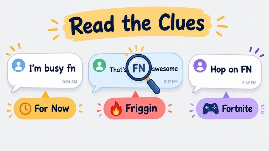 Three chat examples that show how context reveals the fn meaning in text with a magnifying glass over FN