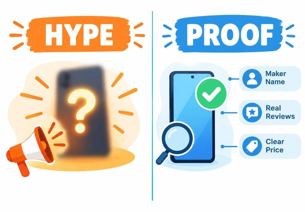 Hype versus proof infographic showing what to verify about droven io new gadgets 2026 before buying