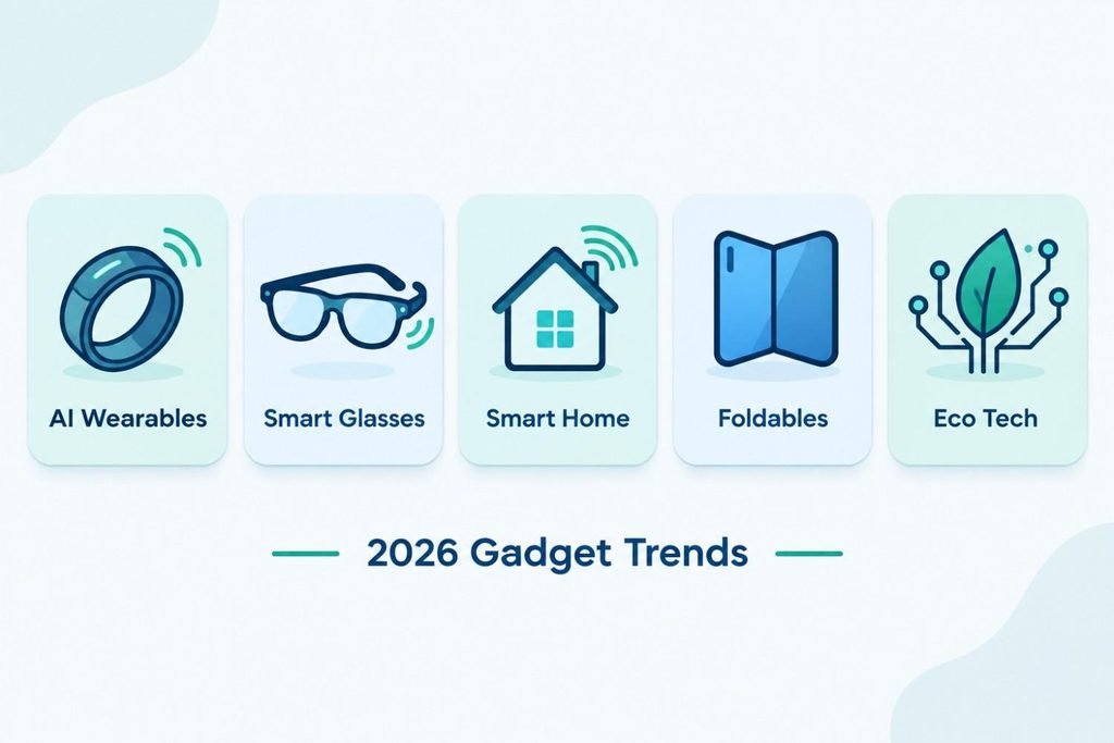 Icon grid of five gadget trends linked to droven io new gadgets 2026 including wearables and smart glasses