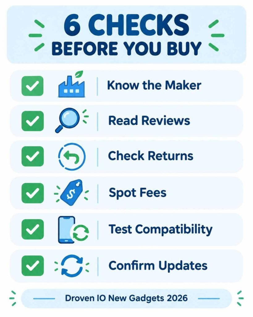 Six step checklist to verify droven io new gadgets 2026 before you buy including reviews and return policy