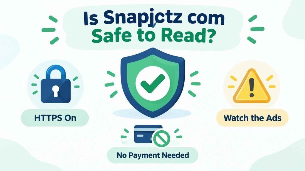 Is snapjotz com safe graphic with a shield, HTTPS padlock and ad warning icons