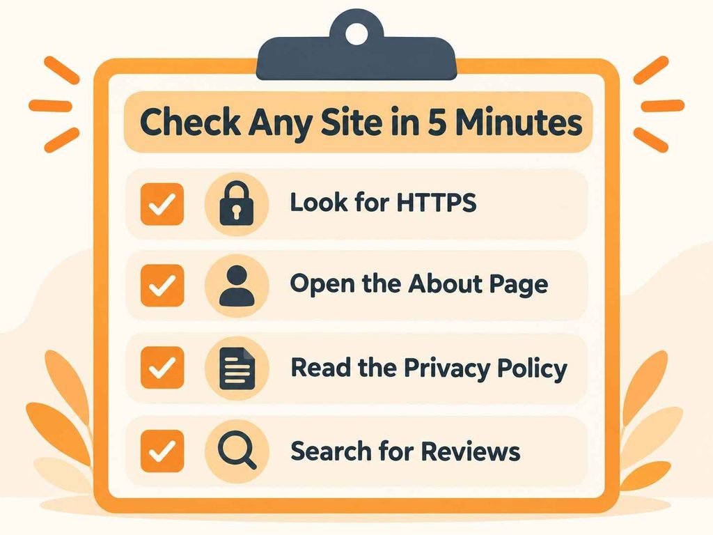 Website safety checklist for snapjotz com readers with padlock, about page and privacy policy icons