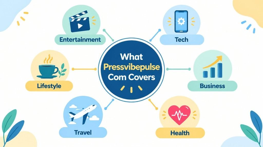 Infographic of topics covered on pressvibepulse com including entertainment, tech, business, health and travel
