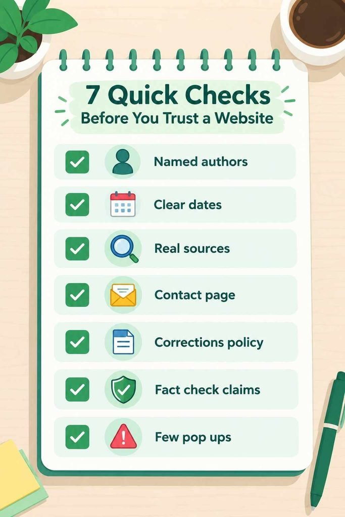 Checklist for judging pressvibepulse com with seven quick trust checks like authors dates and sources