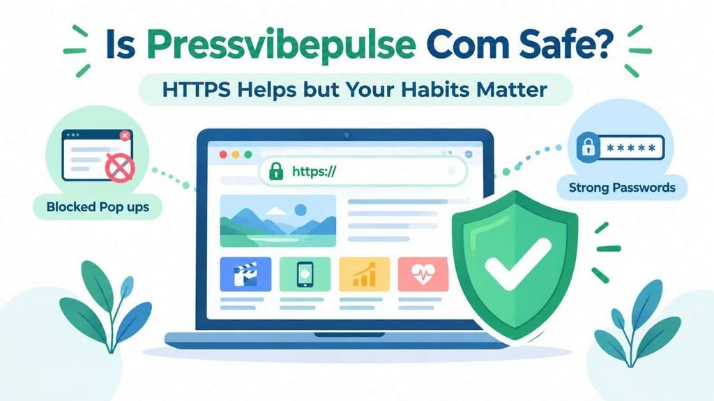 Browser padlock and shield showing safe browsing tips for visiting pressvibepulse com