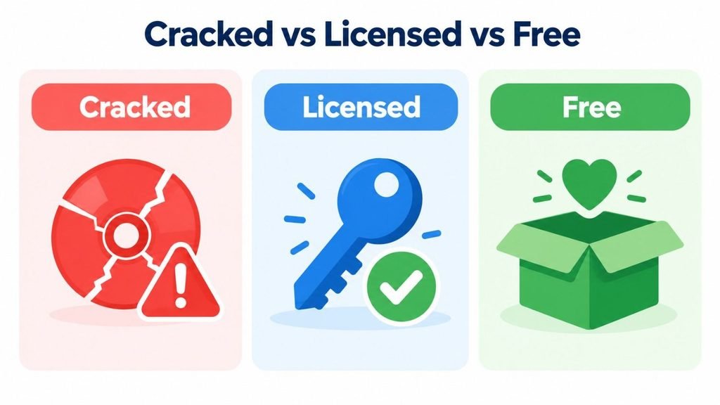 Crackstube comparison infographic of cracked, licensed and free software options for everyday users