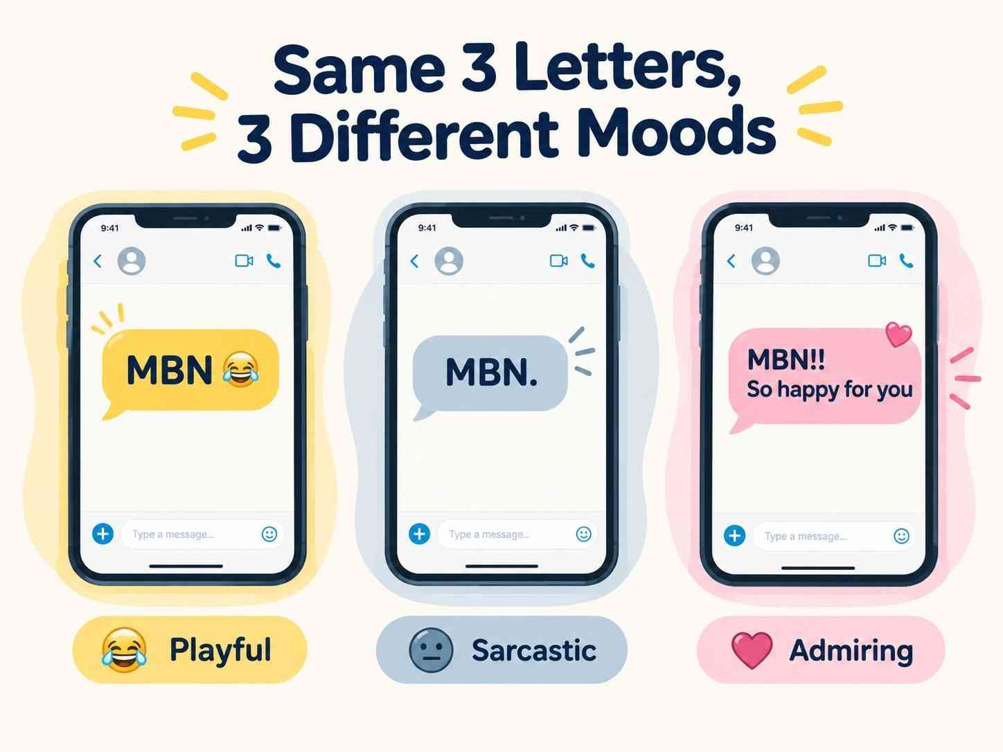 MBN meaning in text shown as three phone chats: playful, sarcastic, and admiring tones of the same abbreviation