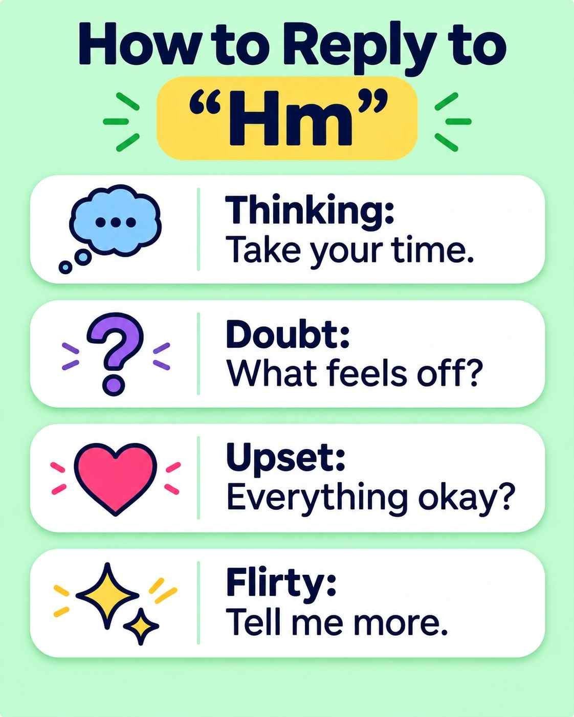 Cheat sheet showing how to reply when someone sends hm mean in a text