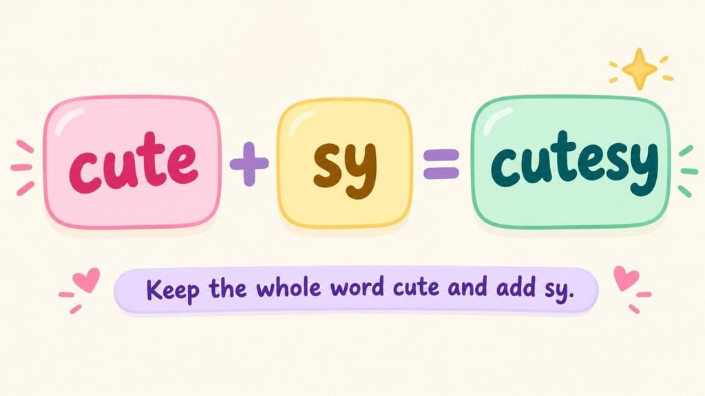 Cutesy or Cutsie memory trick showing cute plus sy equals cutesy to help you spell it correctly