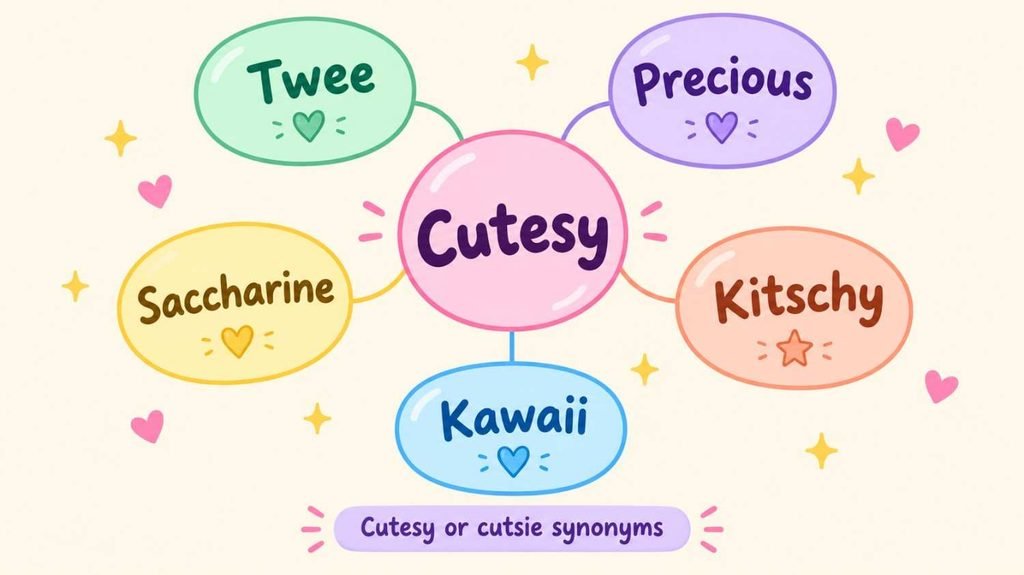 Cutesy or Cutsie synonyms word map linking cutesy with twee, precious, saccharine, kitschy and kawaii