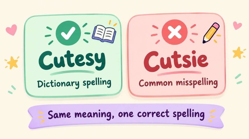 Cutesy or Cutsie comparison card showing cutesy as the dictionary spelling and cutsie as the common misspelling