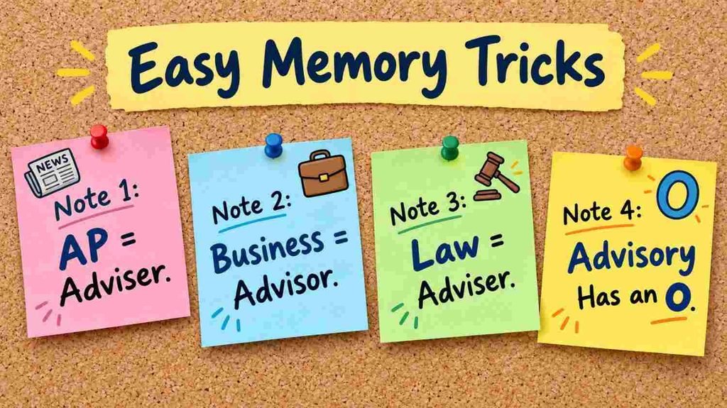 Memory tricks for advisers vs advisors: what’s the difference, with sticky notes linking AP style and law to adviser and business to advisor.