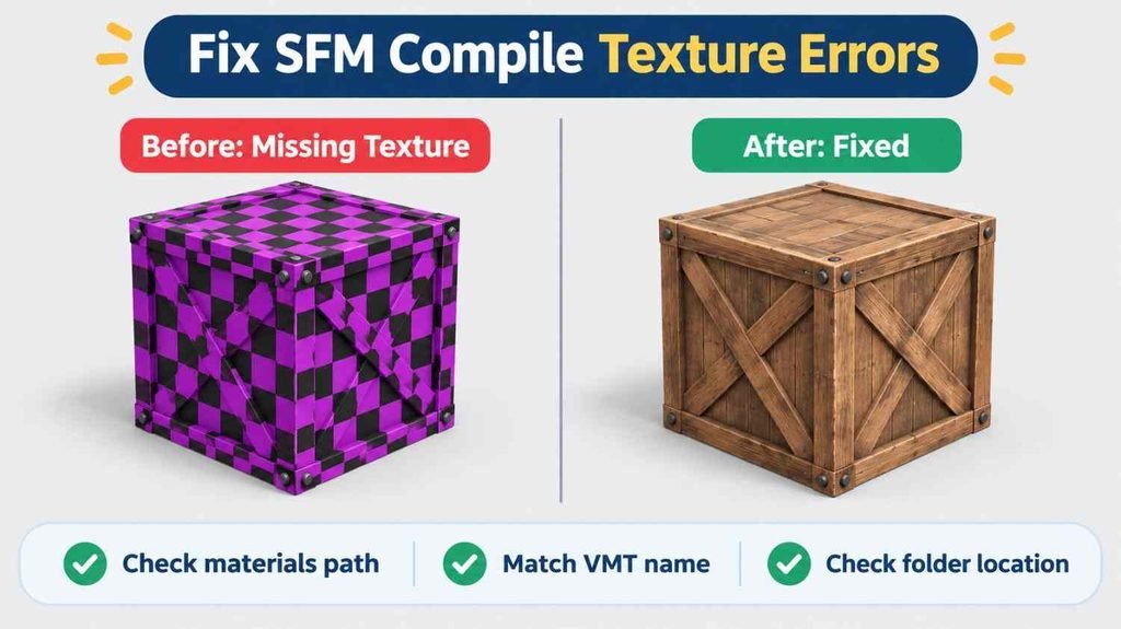 SFM compile texture error fix showing a purple and black missing texture crate beside the corrected wooden version