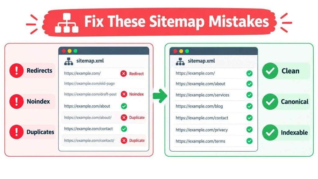 Prompt: A flat design illustration split into two panels. The left panel shows a messy sitemap list with red warning icons and crossed out URLs. The right panel shows a tidy list with green check marks. Clean white background with red and green accents, simple icons, 16:9 layout, professional blog style.

Text on image: Left panel: Redirects, Noindex, Duplicates
Right panel: Clean, Canonical, Indexable
Top banner: Fix These Sitemap Mistakes